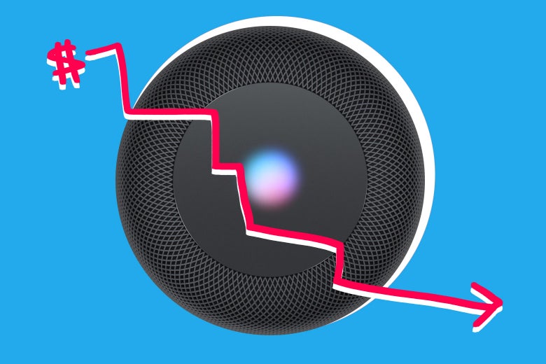Photo illustration: HomePod with sales down graph arrow.